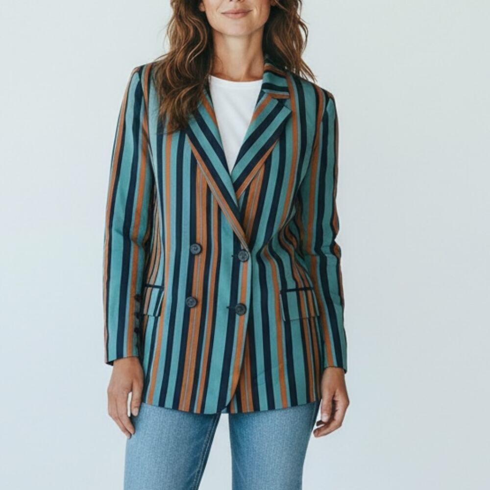 NWT Nordstrom Chelsea28 Size M Blue Brown Stripe Double Breasted Blazer Jacket